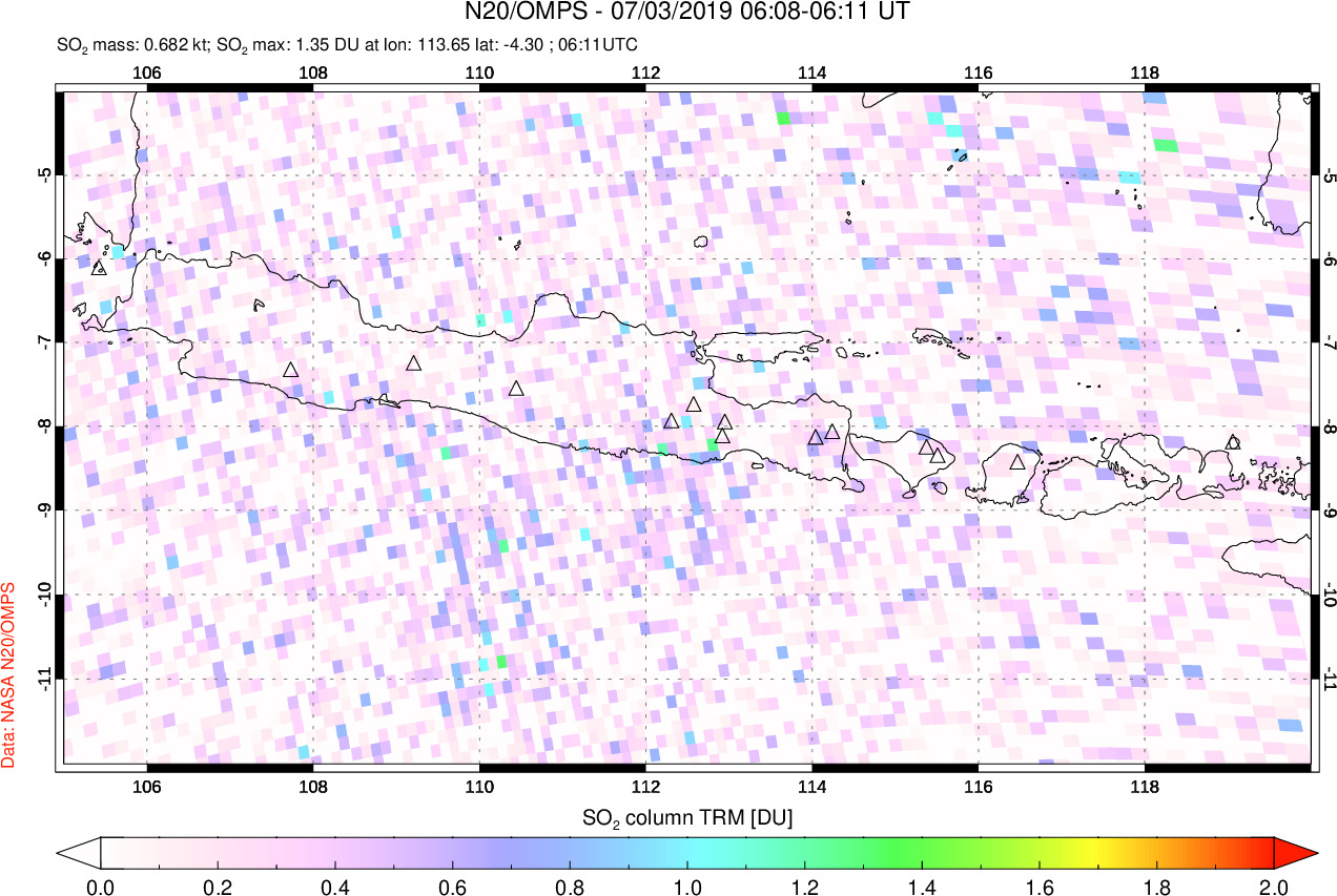 A sulfur dioxide image over Java, Indonesia on Jul 03, 2019.