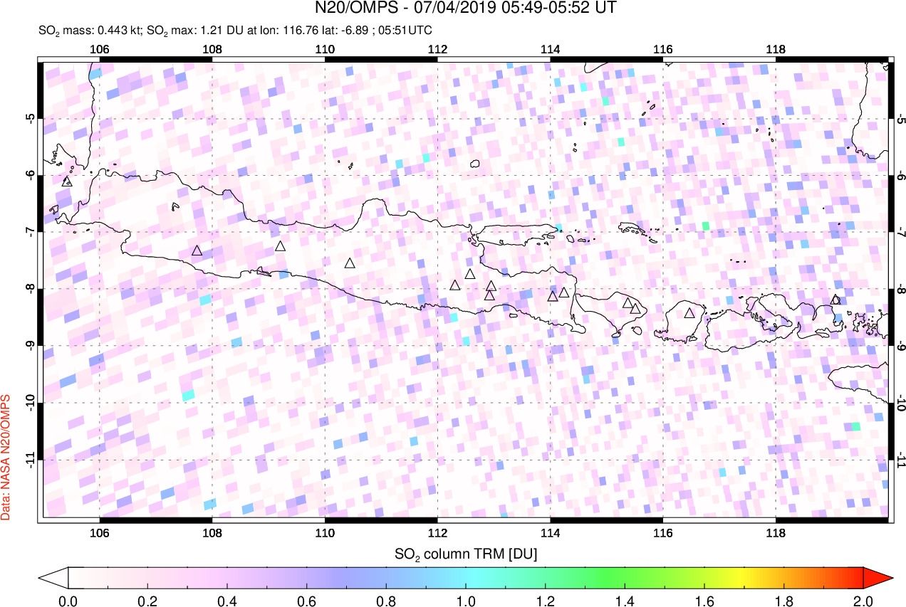 A sulfur dioxide image over Java, Indonesia on Jul 04, 2019.
