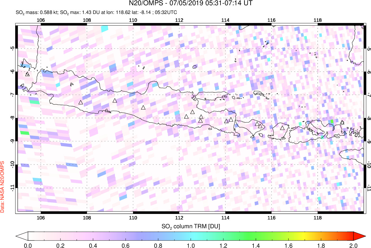 A sulfur dioxide image over Java, Indonesia on Jul 05, 2019.