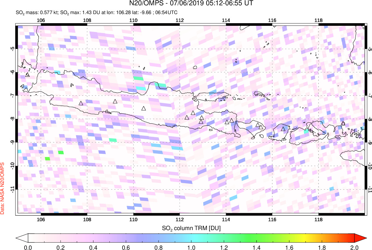 A sulfur dioxide image over Java, Indonesia on Jul 06, 2019.