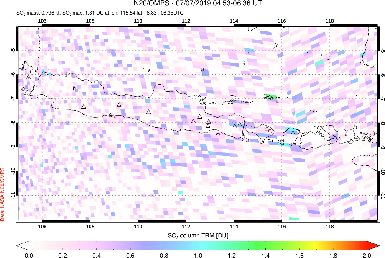 A sulfur dioxide image over Java, Indonesia on Jul 07, 2019.