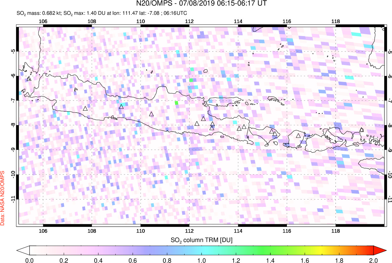 A sulfur dioxide image over Java, Indonesia on Jul 08, 2019.