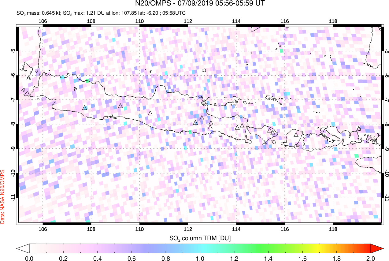 A sulfur dioxide image over Java, Indonesia on Jul 09, 2019.