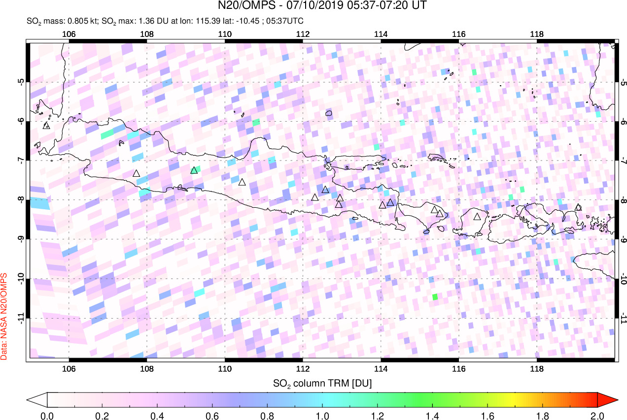 A sulfur dioxide image over Java, Indonesia on Jul 10, 2019.