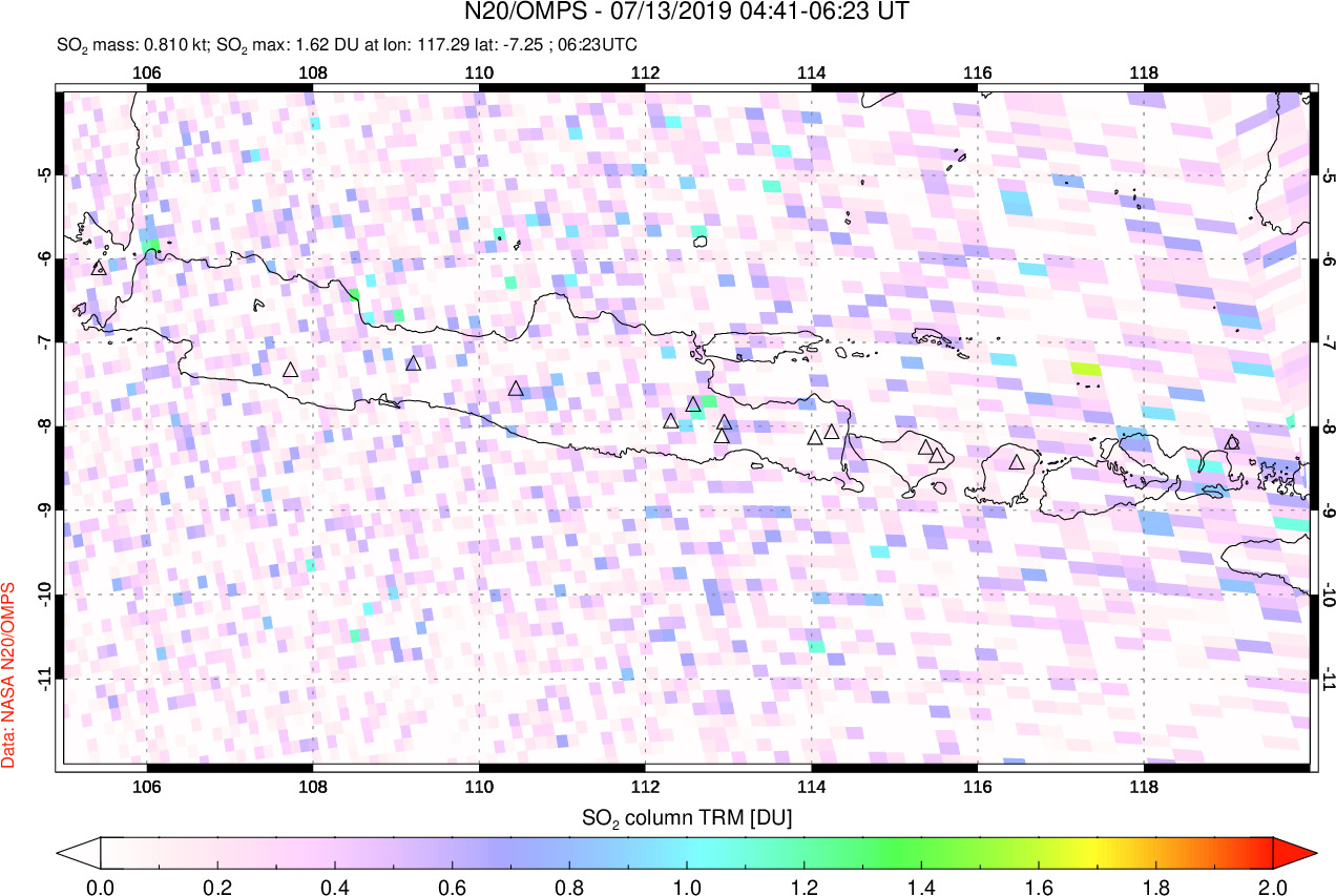 A sulfur dioxide image over Java, Indonesia on Jul 13, 2019.