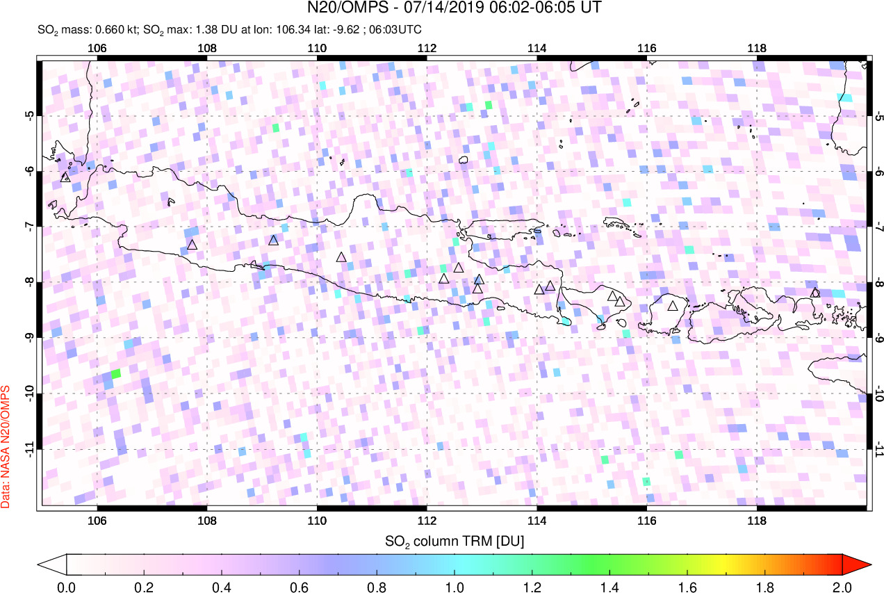 A sulfur dioxide image over Java, Indonesia on Jul 14, 2019.