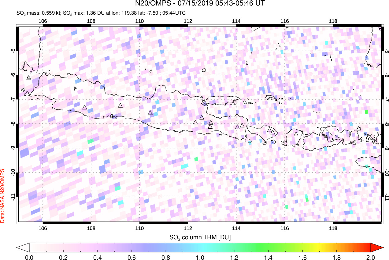 A sulfur dioxide image over Java, Indonesia on Jul 15, 2019.