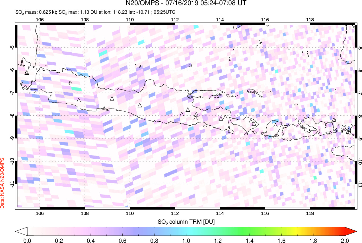 A sulfur dioxide image over Java, Indonesia on Jul 16, 2019.