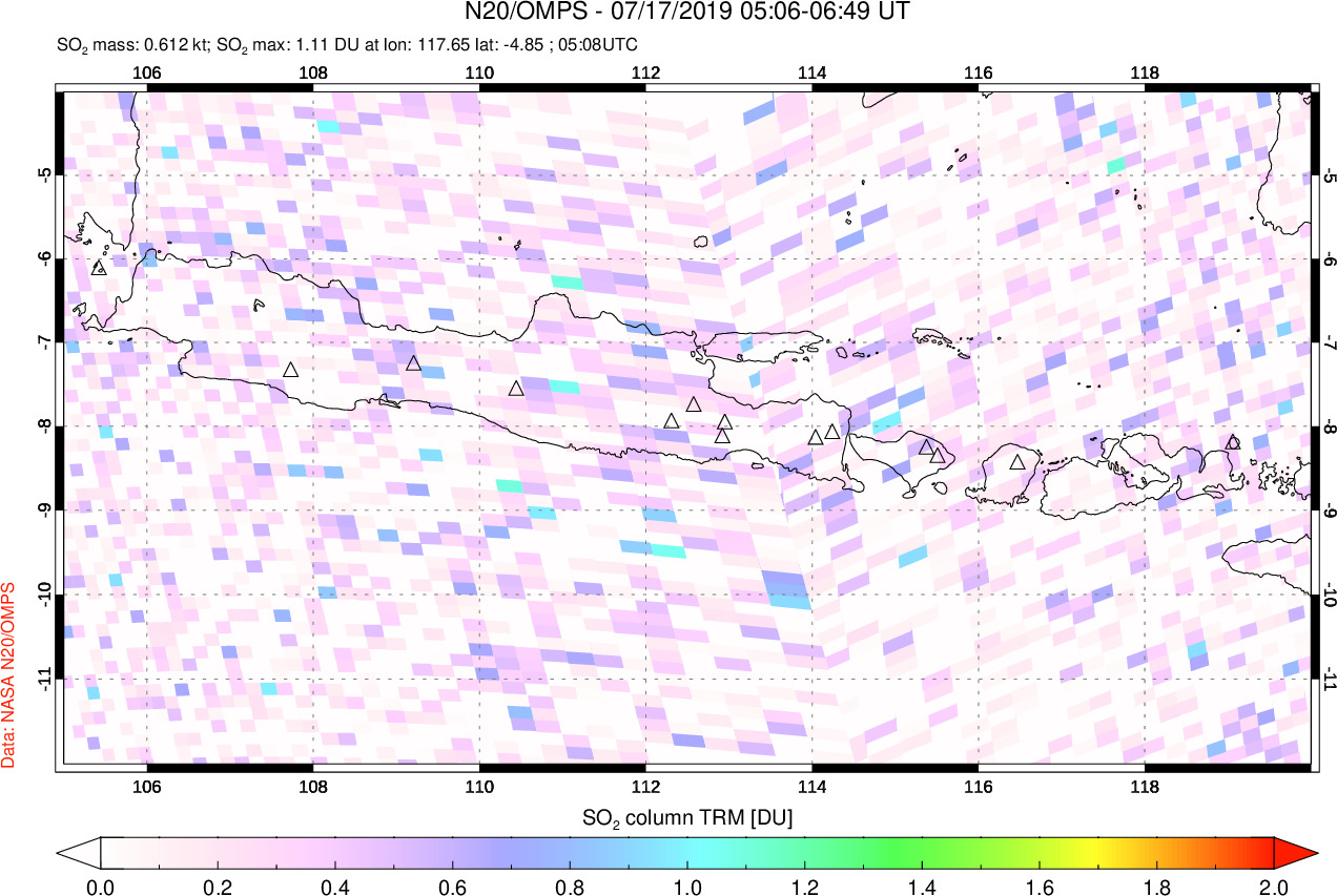 A sulfur dioxide image over Java, Indonesia on Jul 17, 2019.