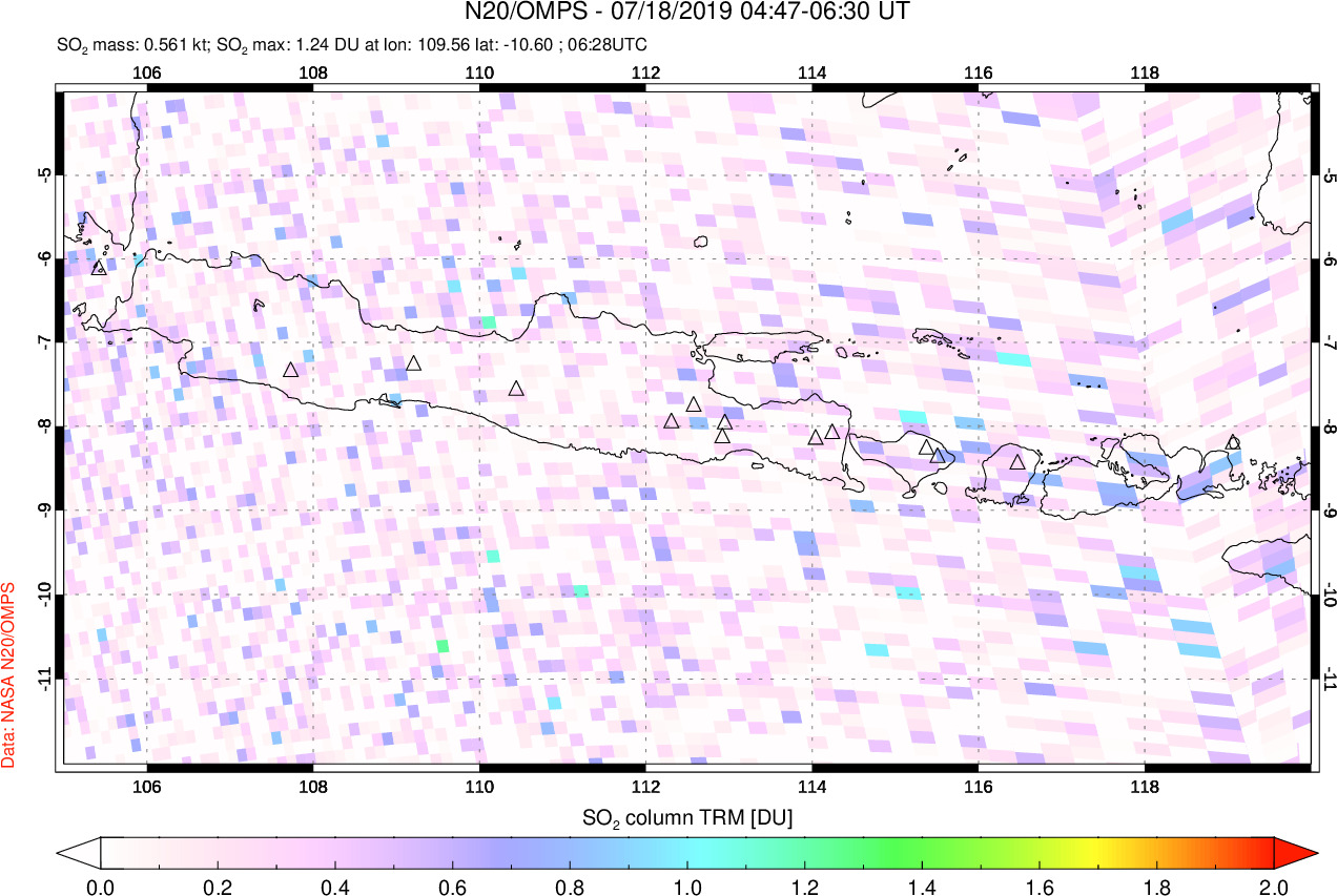 A sulfur dioxide image over Java, Indonesia on Jul 18, 2019.
