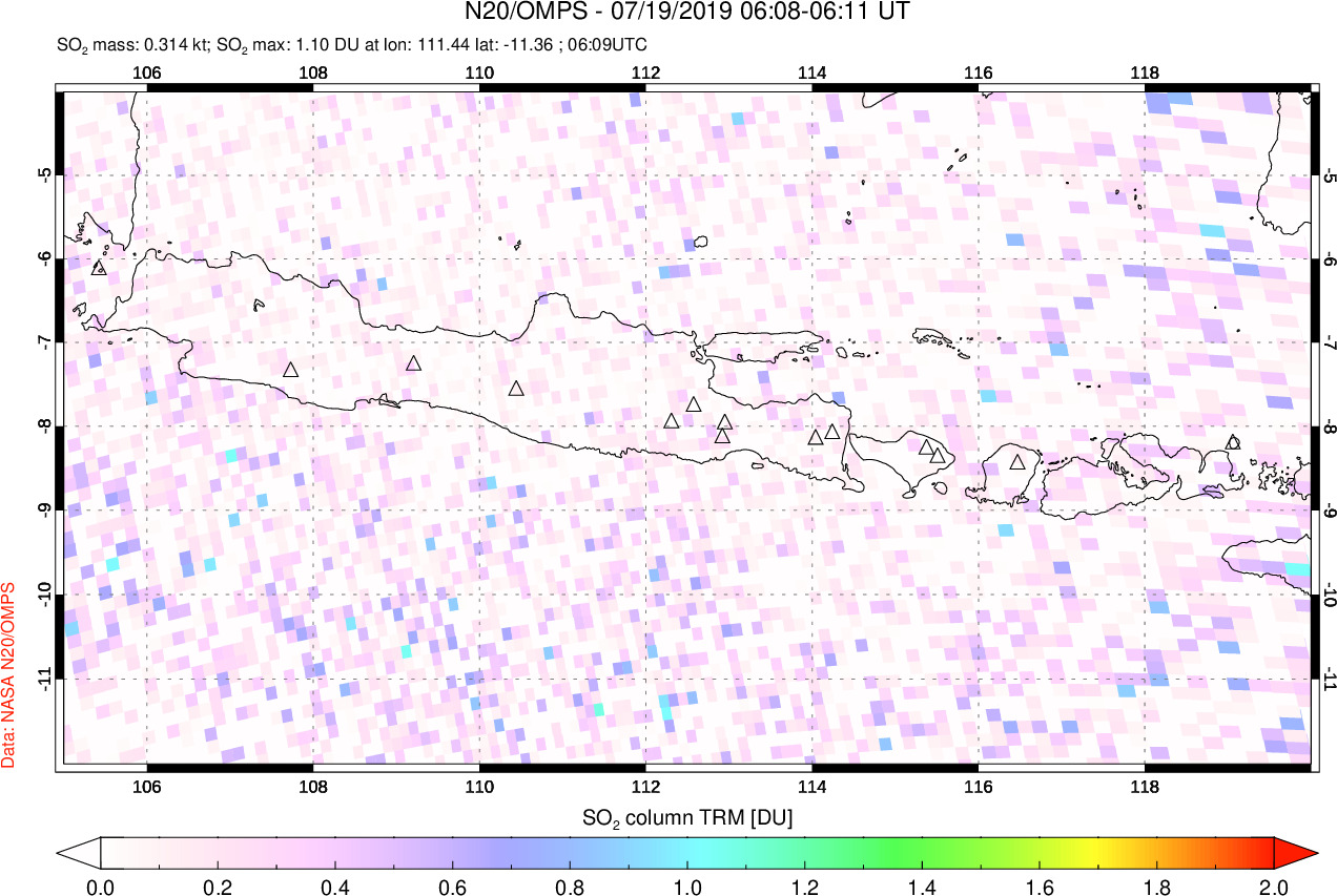 A sulfur dioxide image over Java, Indonesia on Jul 19, 2019.