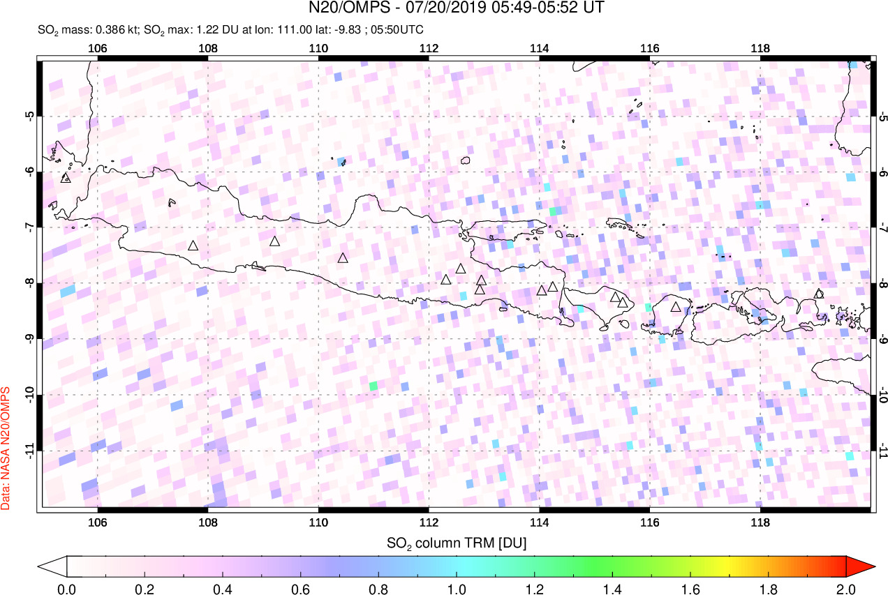 A sulfur dioxide image over Java, Indonesia on Jul 20, 2019.