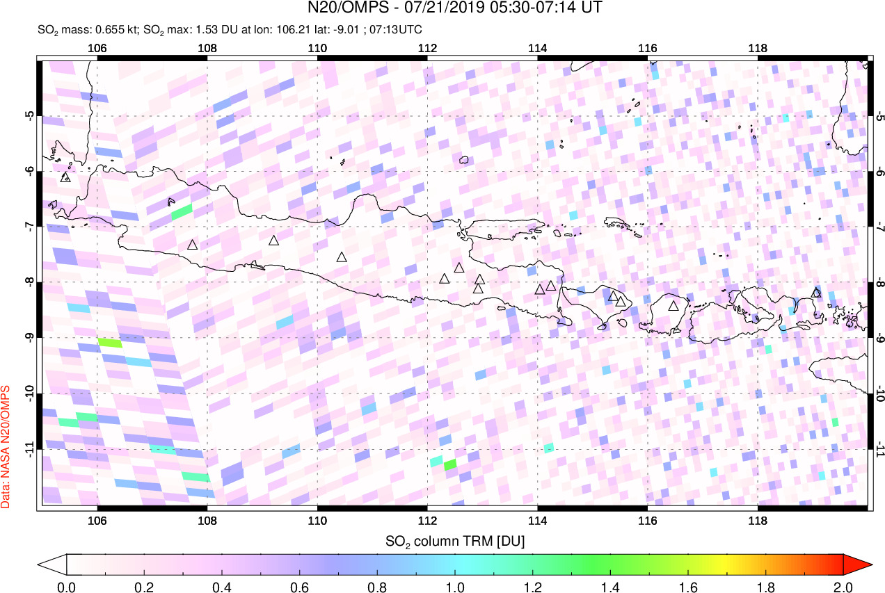 A sulfur dioxide image over Java, Indonesia on Jul 21, 2019.