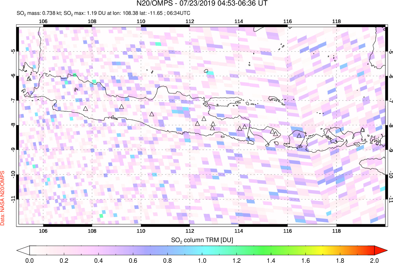A sulfur dioxide image over Java, Indonesia on Jul 23, 2019.