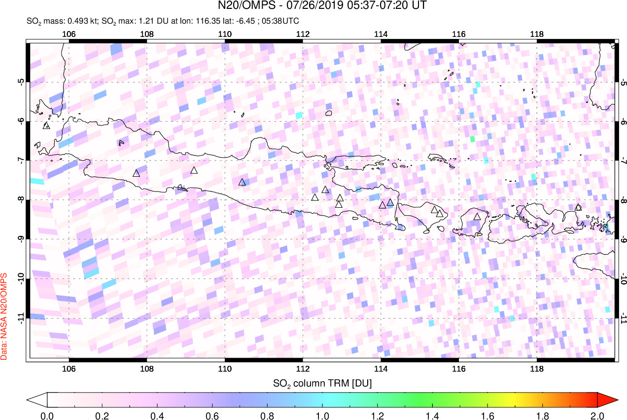A sulfur dioxide image over Java, Indonesia on Jul 26, 2019.