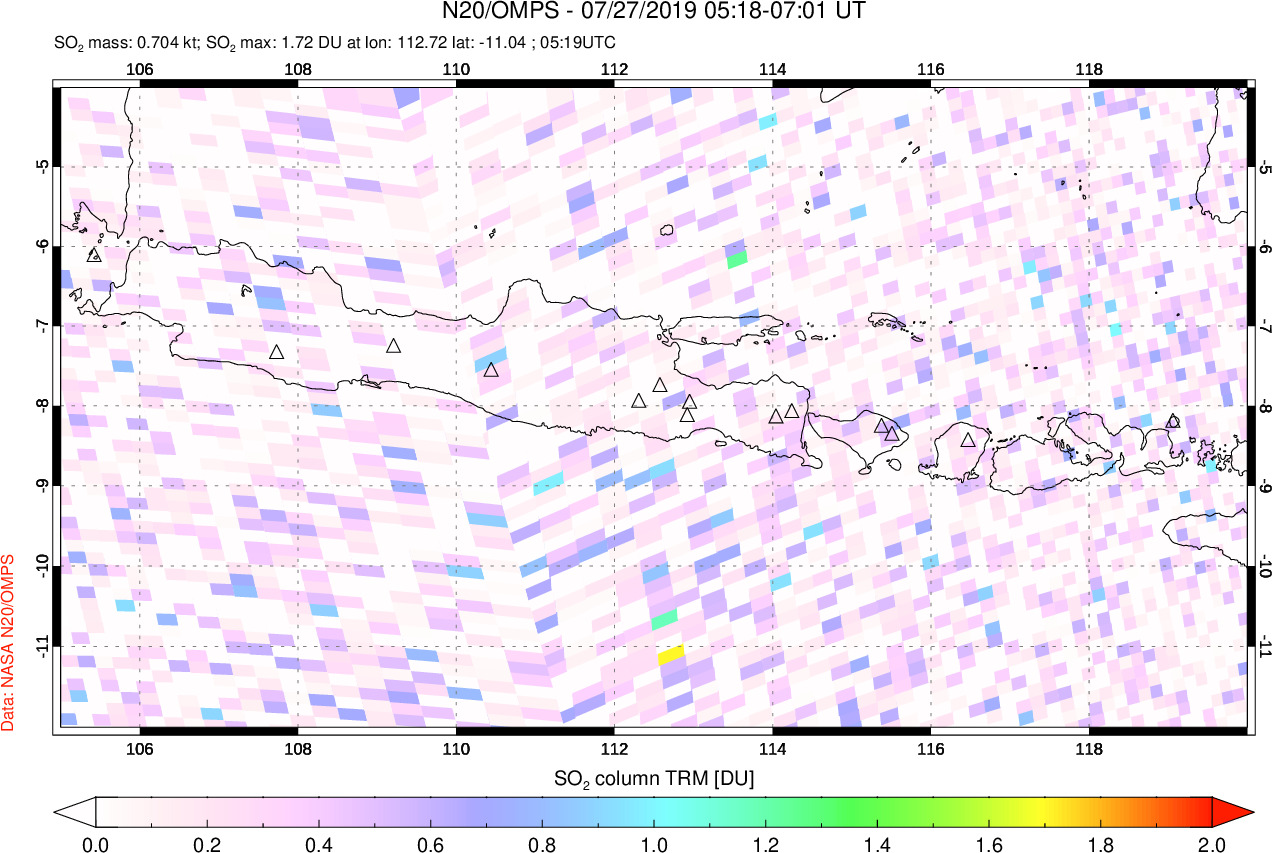A sulfur dioxide image over Java, Indonesia on Jul 27, 2019.