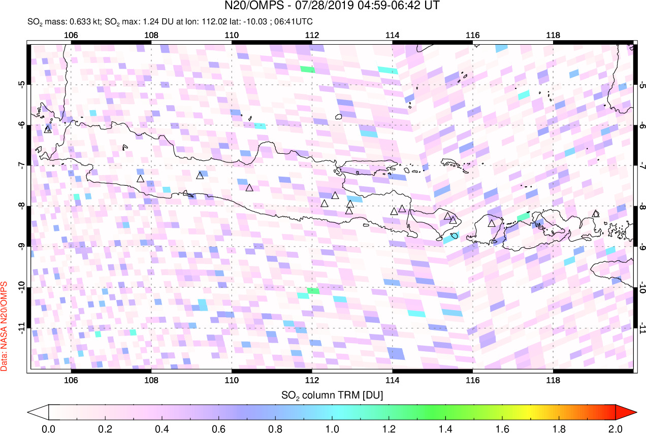 A sulfur dioxide image over Java, Indonesia on Jul 28, 2019.