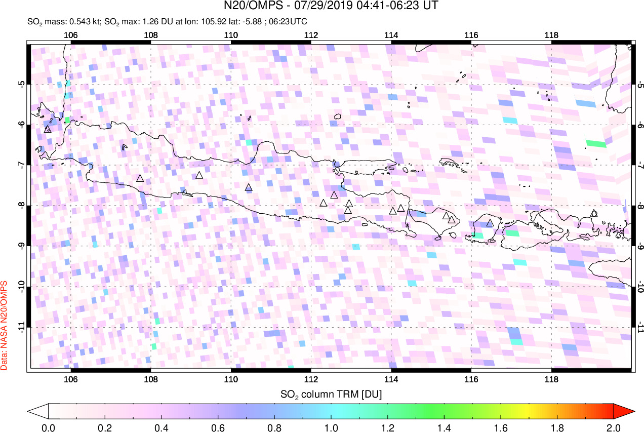 A sulfur dioxide image over Java, Indonesia on Jul 29, 2019.