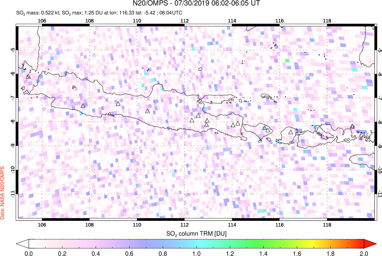 A sulfur dioxide image over Java, Indonesia on Jul 30, 2019.