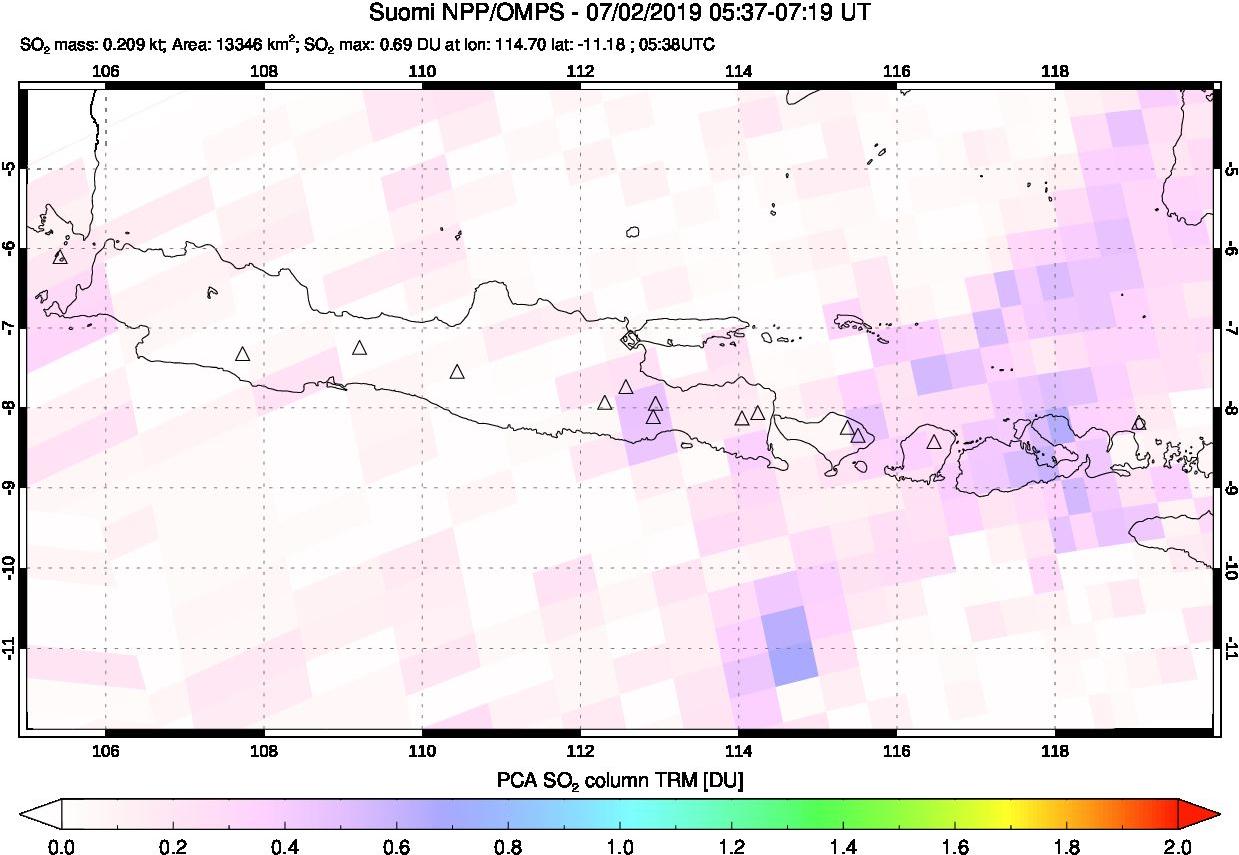 A sulfur dioxide image over Java, Indonesia on Jul 02, 2019.