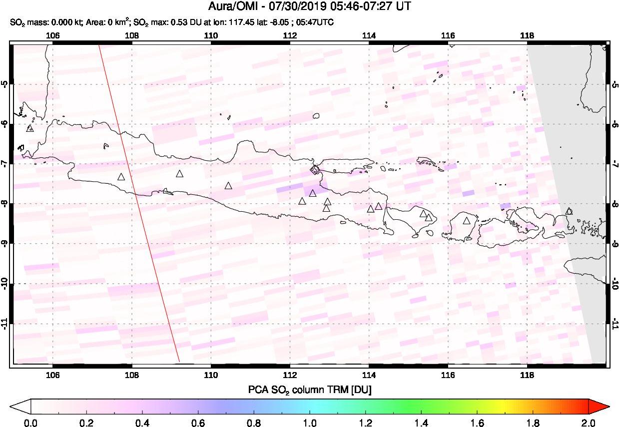 A sulfur dioxide image over Java, Indonesia on Jul 30, 2019.