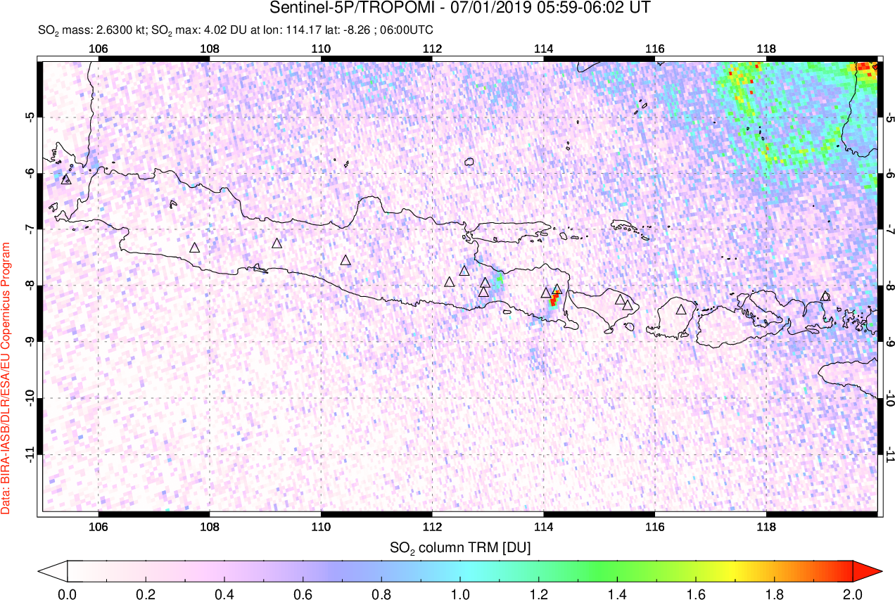 A sulfur dioxide image over Java, Indonesia on Jul 01, 2019.