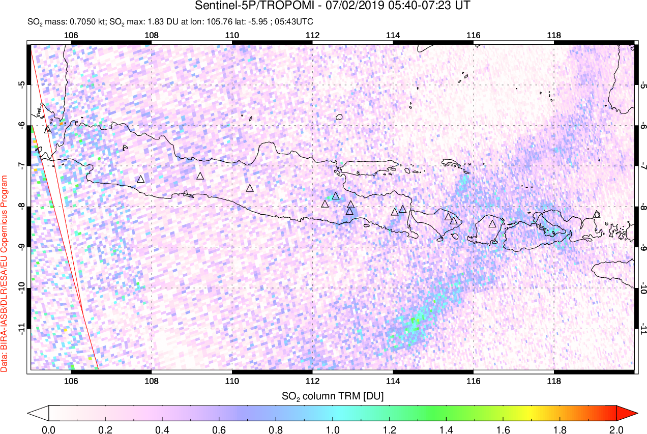 A sulfur dioxide image over Java, Indonesia on Jul 02, 2019.