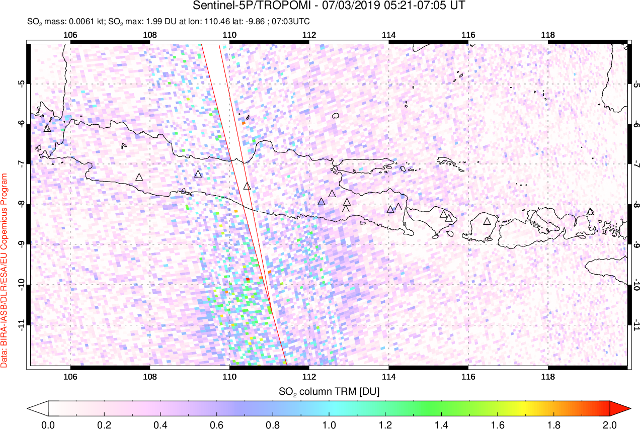 A sulfur dioxide image over Java, Indonesia on Jul 03, 2019.