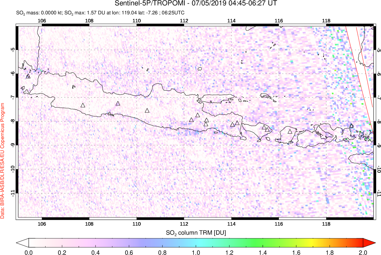 A sulfur dioxide image over Java, Indonesia on Jul 05, 2019.