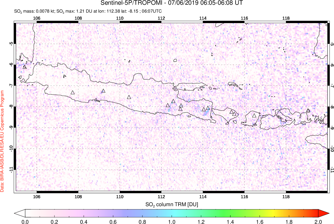A sulfur dioxide image over Java, Indonesia on Jul 06, 2019.