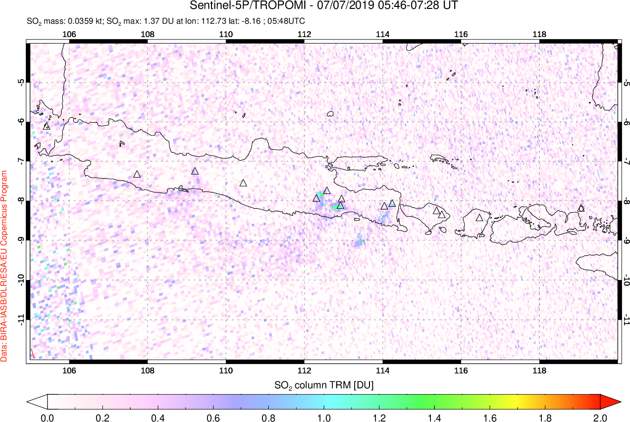 A sulfur dioxide image over Java, Indonesia on Jul 07, 2019.