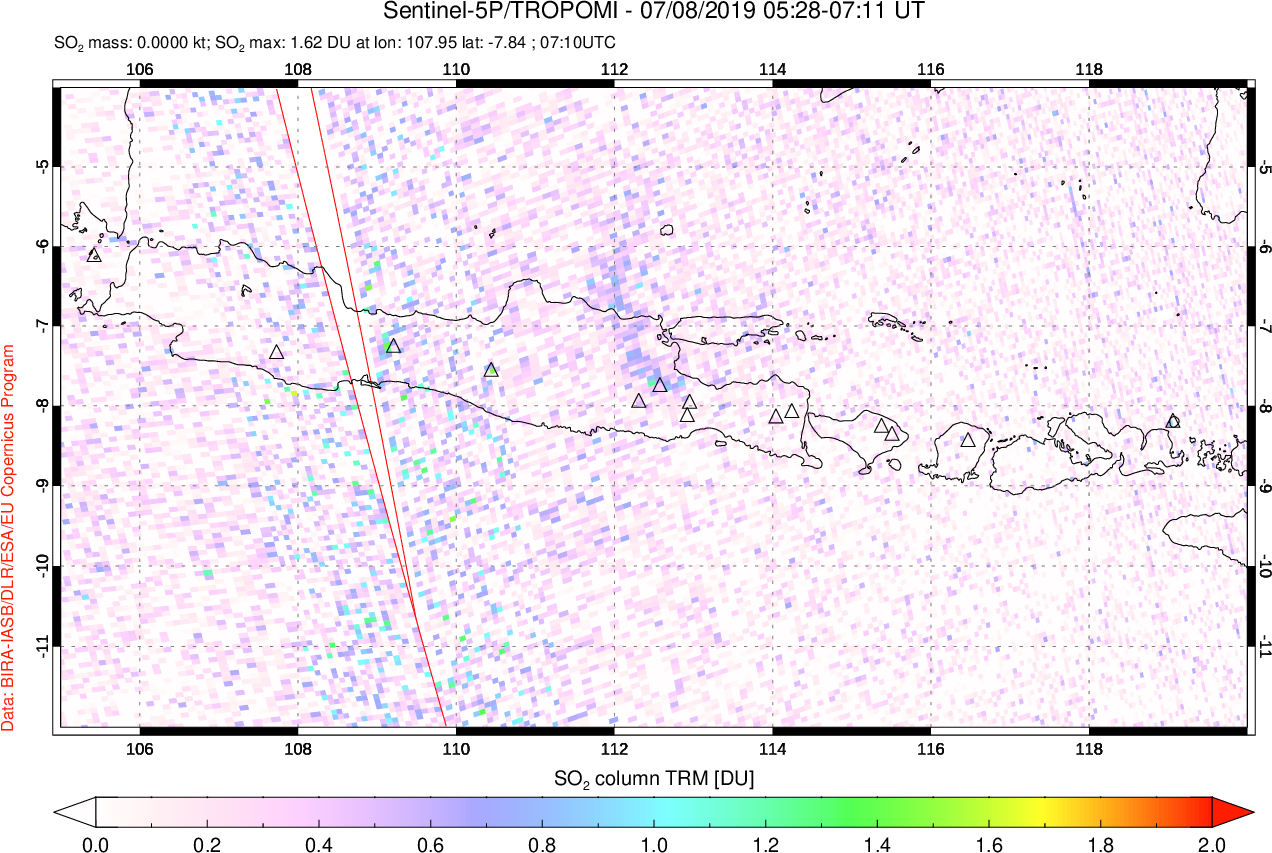 A sulfur dioxide image over Java, Indonesia on Jul 08, 2019.