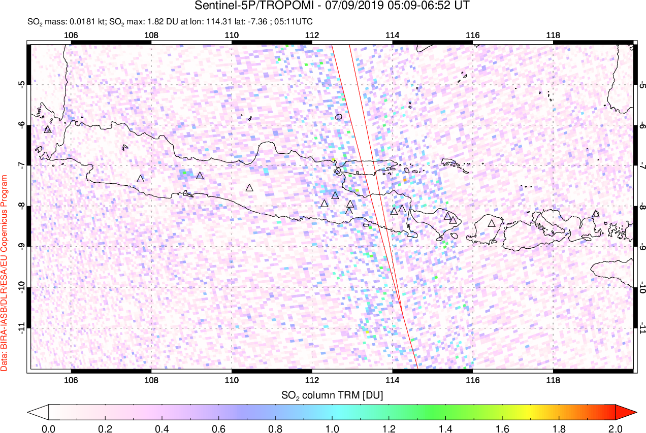 A sulfur dioxide image over Java, Indonesia on Jul 09, 2019.
