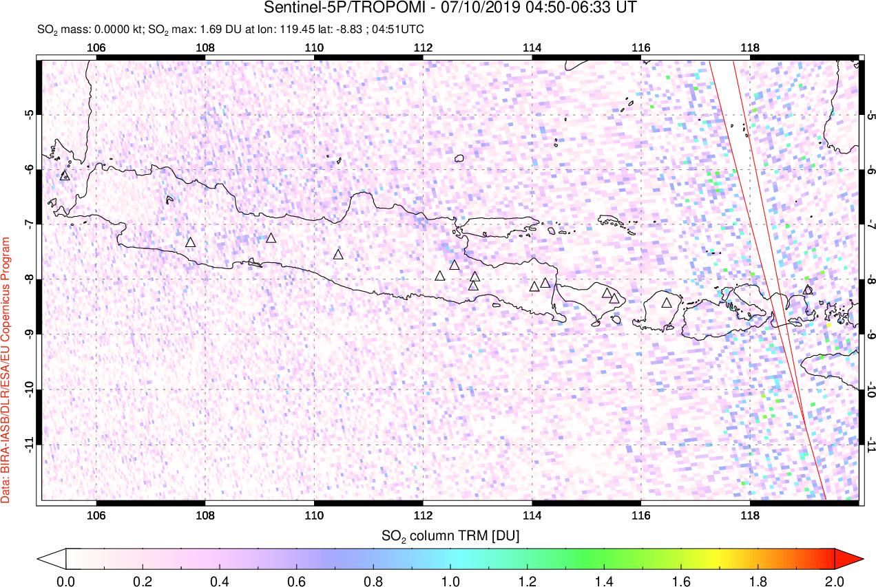 A sulfur dioxide image over Java, Indonesia on Jul 10, 2019.