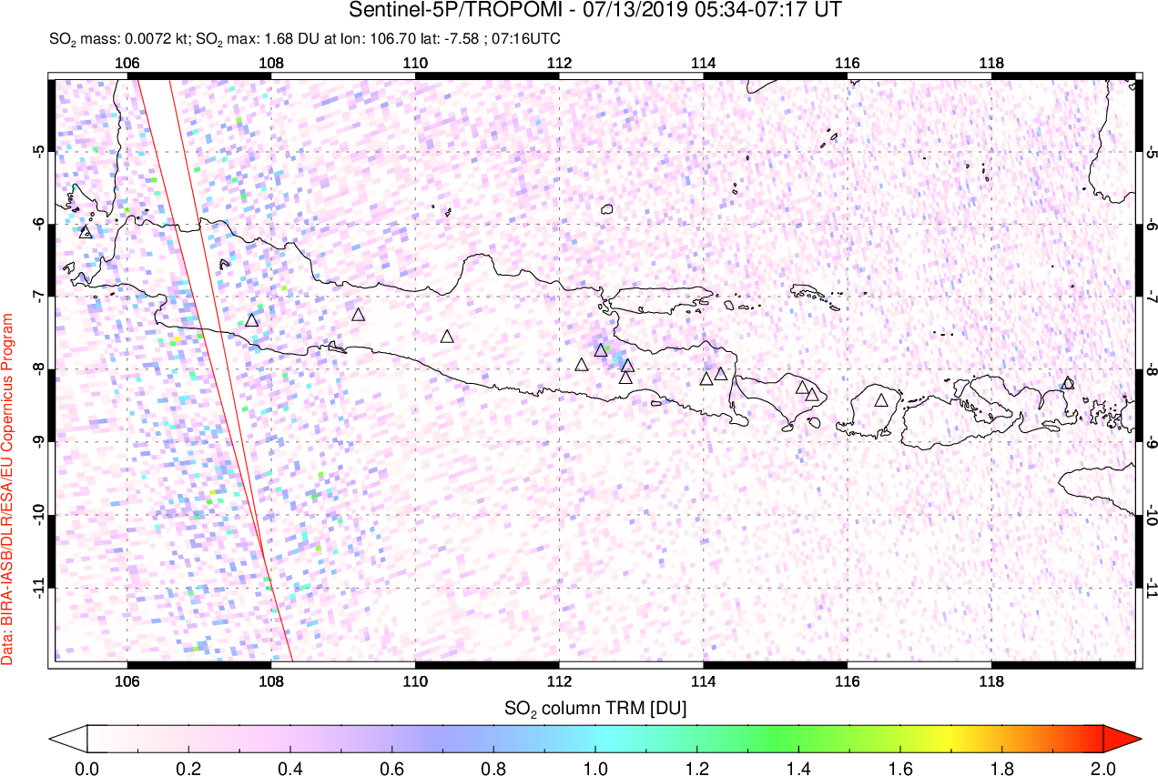 A sulfur dioxide image over Java, Indonesia on Jul 13, 2019.