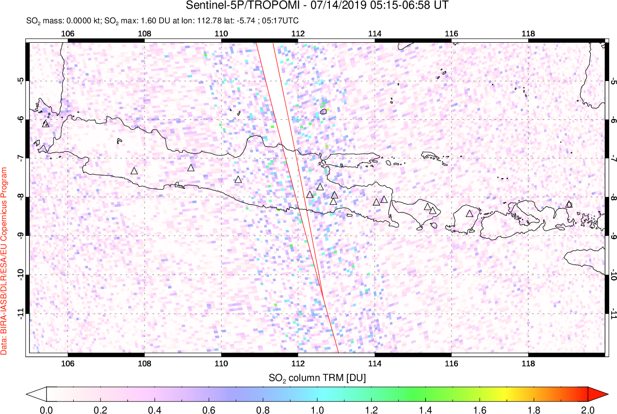 A sulfur dioxide image over Java, Indonesia on Jul 14, 2019.
