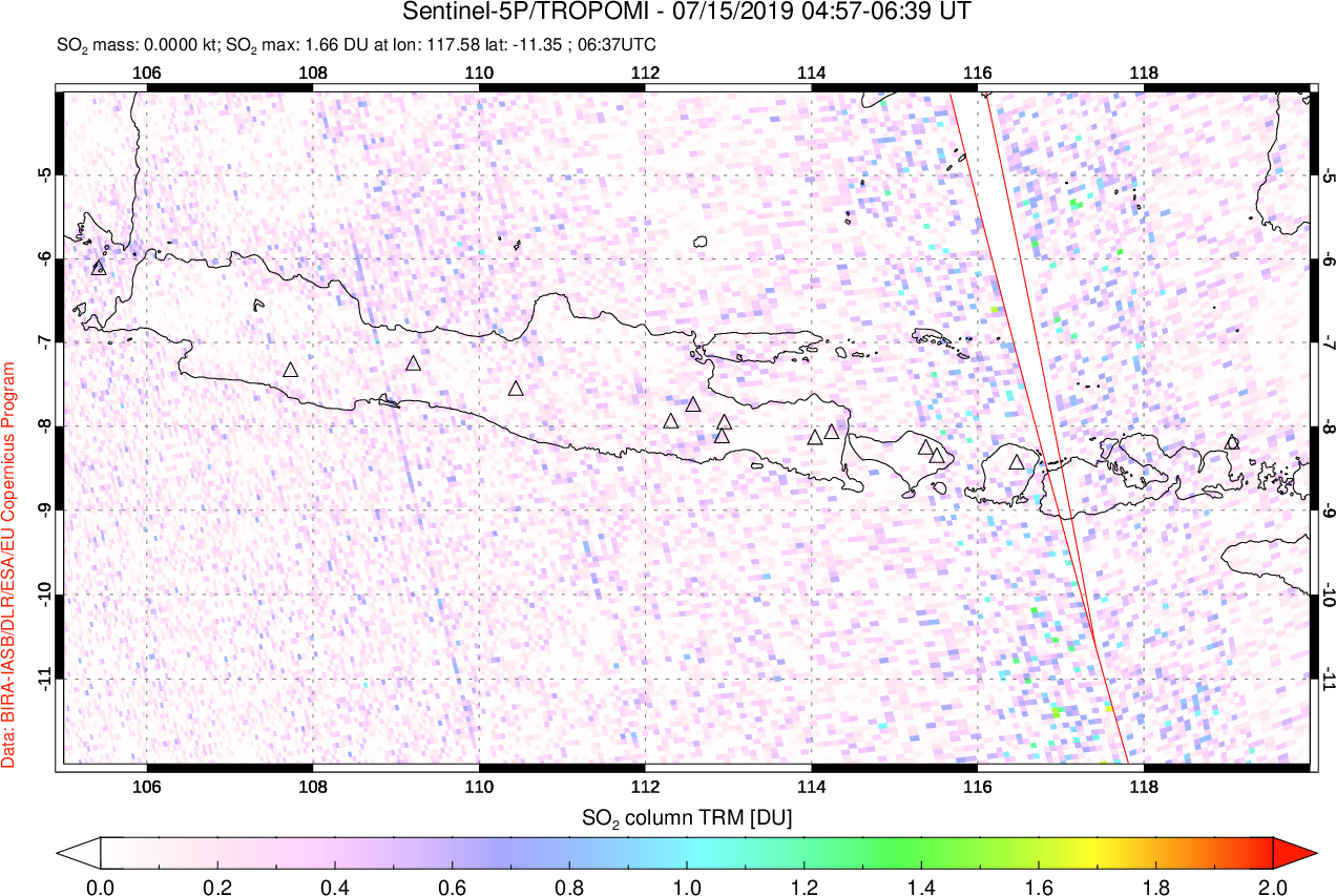 A sulfur dioxide image over Java, Indonesia on Jul 15, 2019.