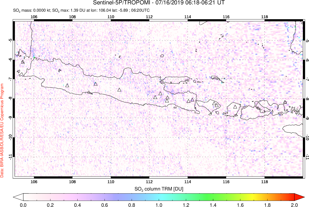 A sulfur dioxide image over Java, Indonesia on Jul 16, 2019.