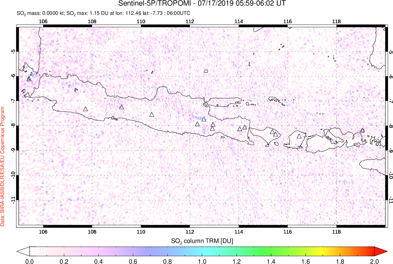 A sulfur dioxide image over Java, Indonesia on Jul 17, 2019.