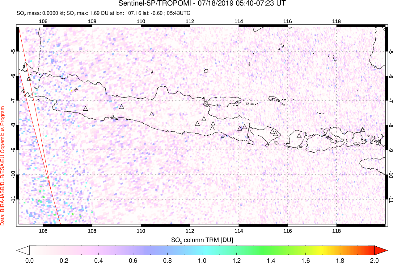 A sulfur dioxide image over Java, Indonesia on Jul 18, 2019.