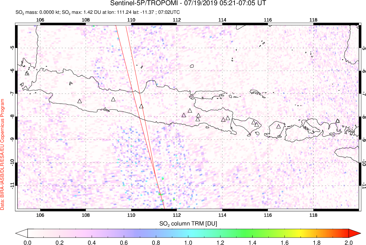 A sulfur dioxide image over Java, Indonesia on Jul 19, 2019.
