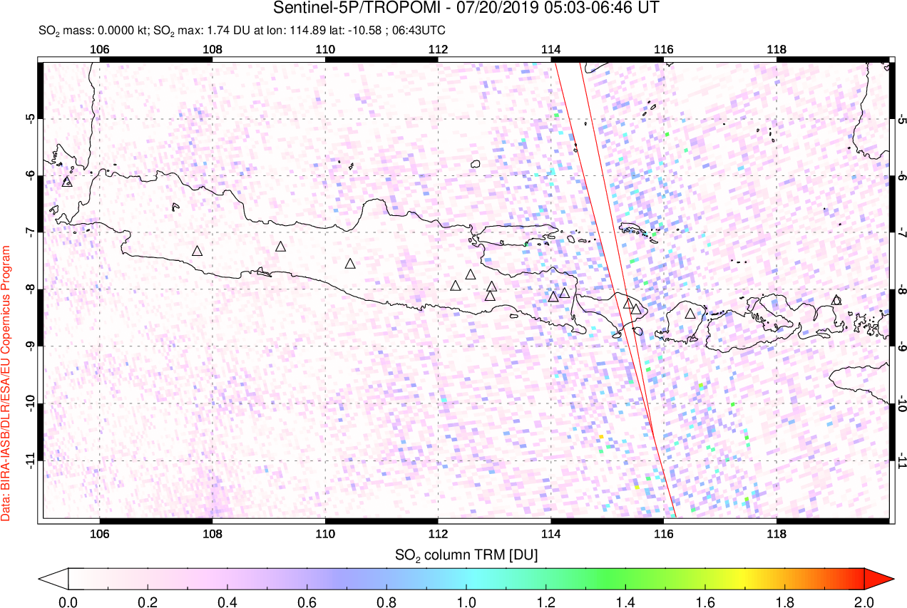 A sulfur dioxide image over Java, Indonesia on Jul 20, 2019.