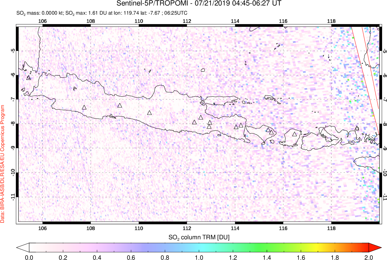A sulfur dioxide image over Java, Indonesia on Jul 21, 2019.