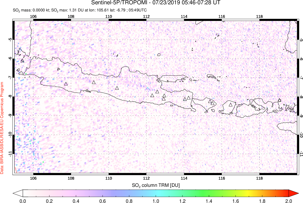 A sulfur dioxide image over Java, Indonesia on Jul 23, 2019.