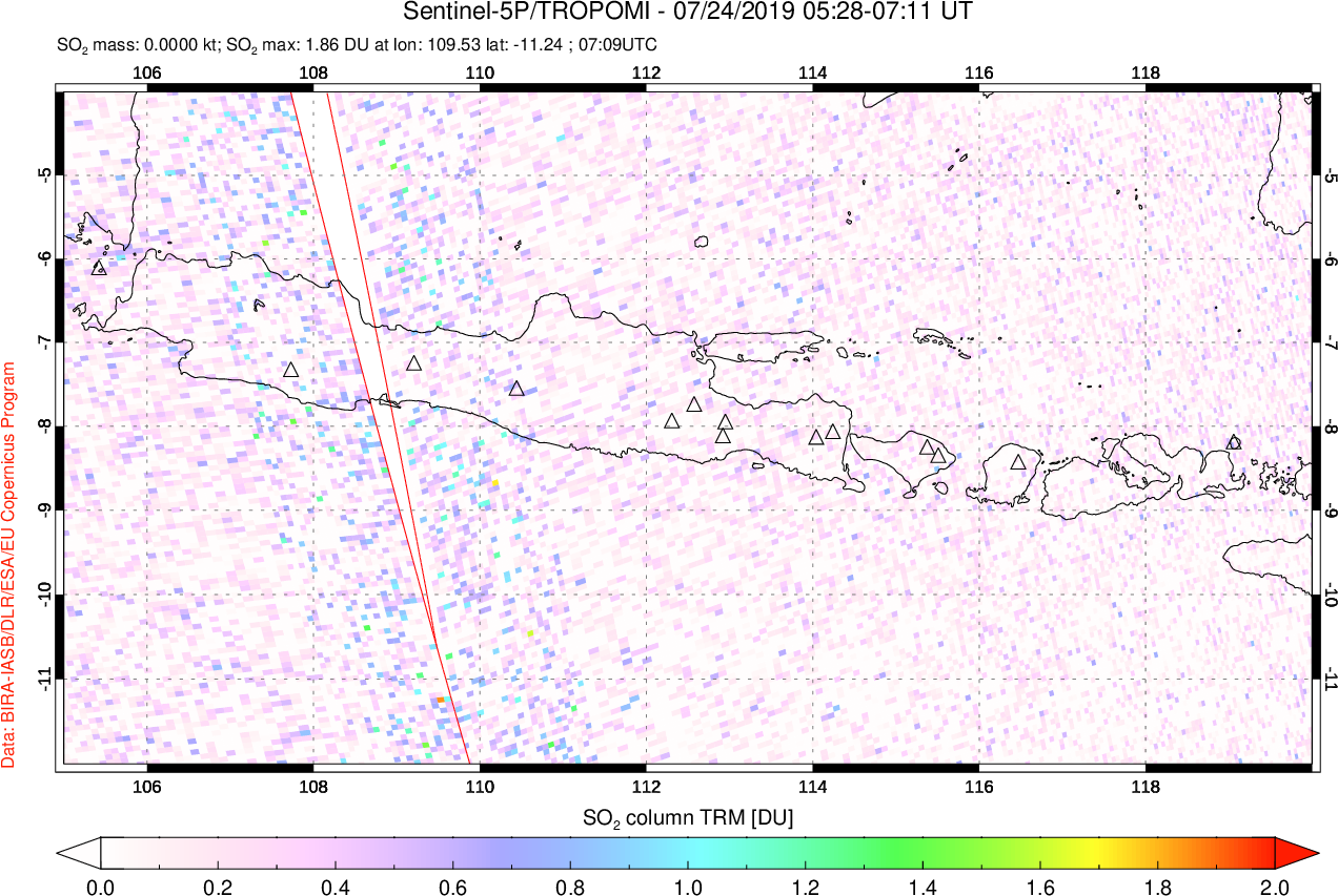 A sulfur dioxide image over Java, Indonesia on Jul 24, 2019.
