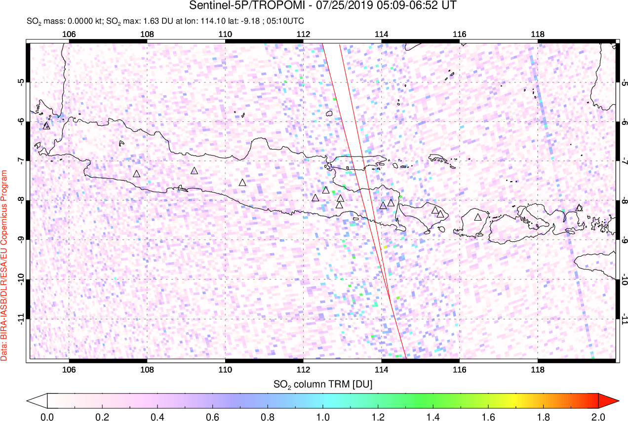 A sulfur dioxide image over Java, Indonesia on Jul 25, 2019.