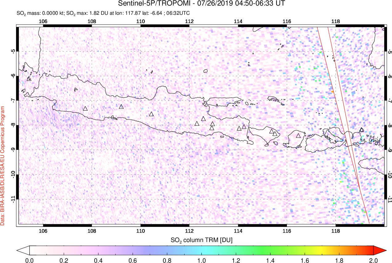 A sulfur dioxide image over Java, Indonesia on Jul 26, 2019.