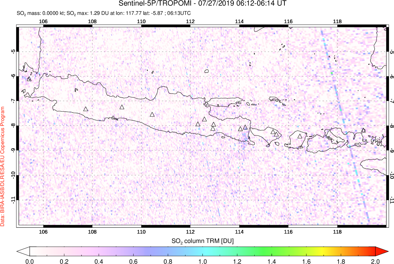 A sulfur dioxide image over Java, Indonesia on Jul 27, 2019.