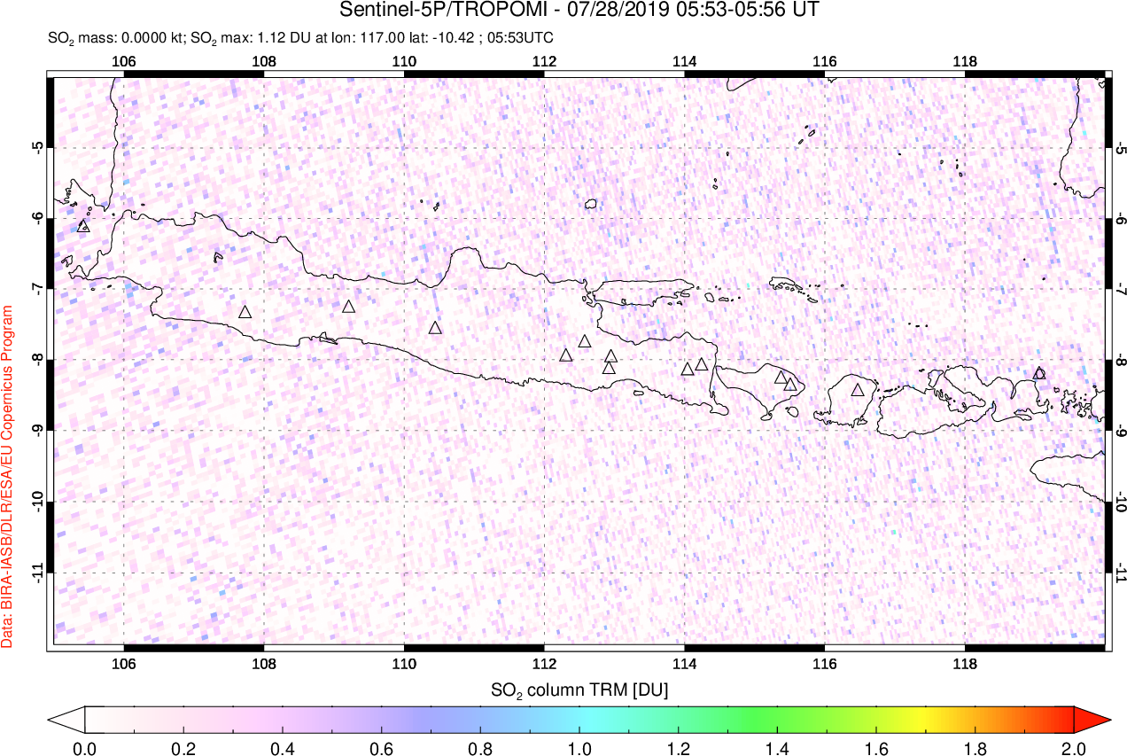 A sulfur dioxide image over Java, Indonesia on Jul 28, 2019.