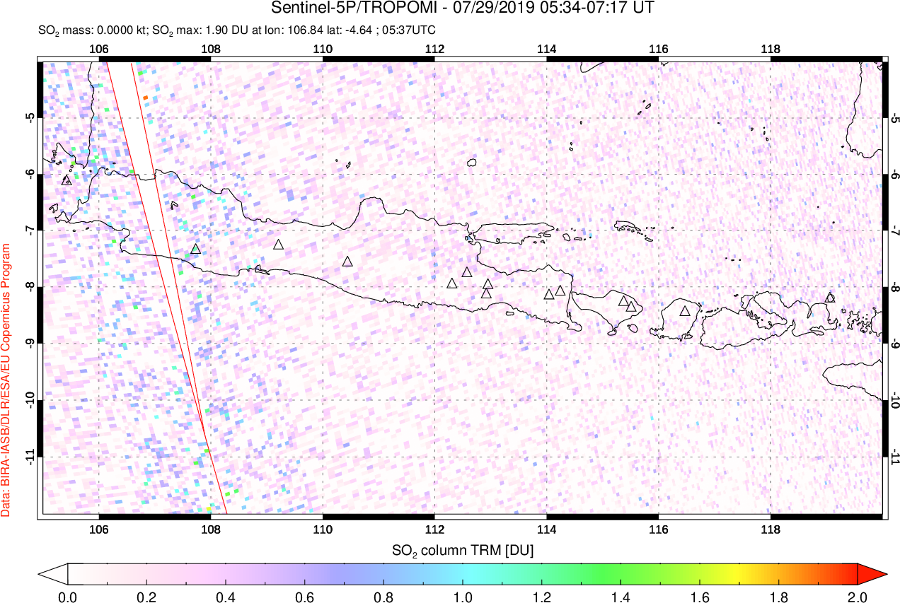 A sulfur dioxide image over Java, Indonesia on Jul 29, 2019.